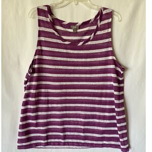 J. Jill Purple & White Striped Linen Tank Top Large Sleeveless Casual Scoop Neck